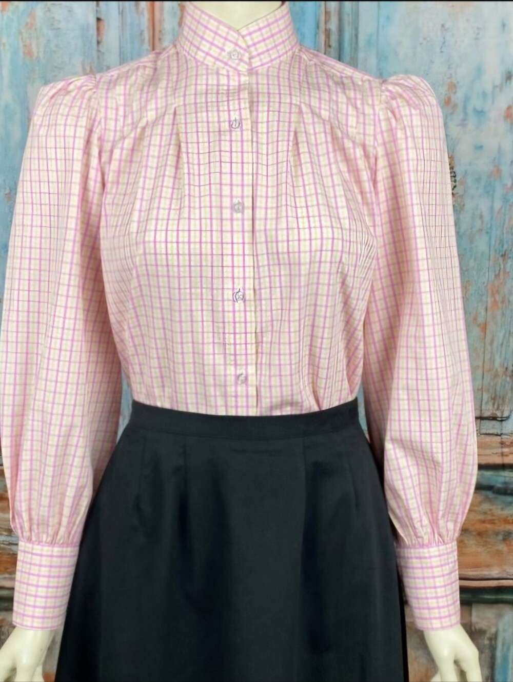 Women's Pink Plaid With Yellow Stripes Button-Down Shirt with Stand Collar